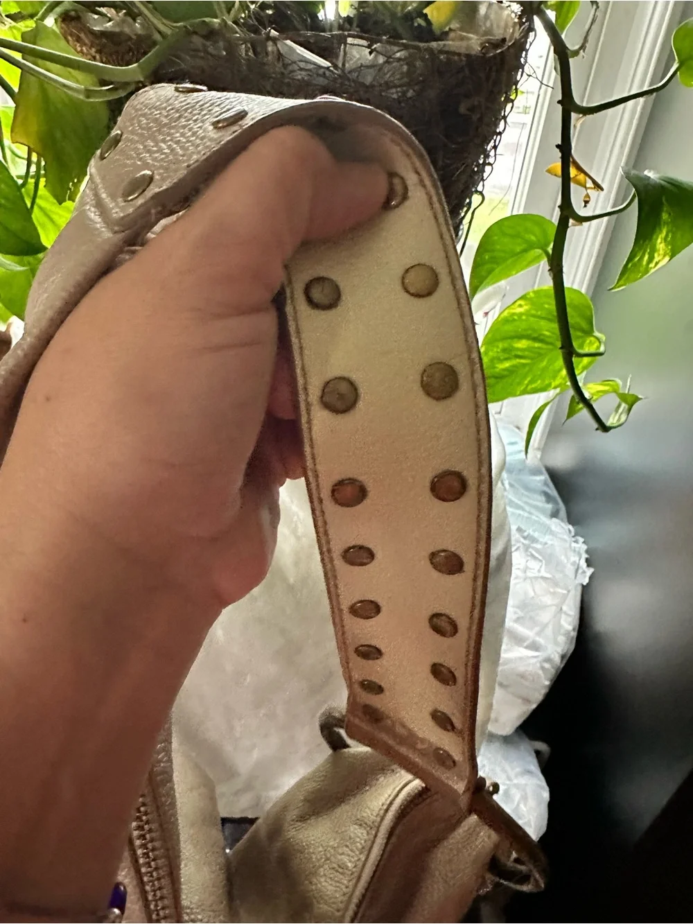 Express Nude Leather Pebbled Hobo Bag with Studded Strap